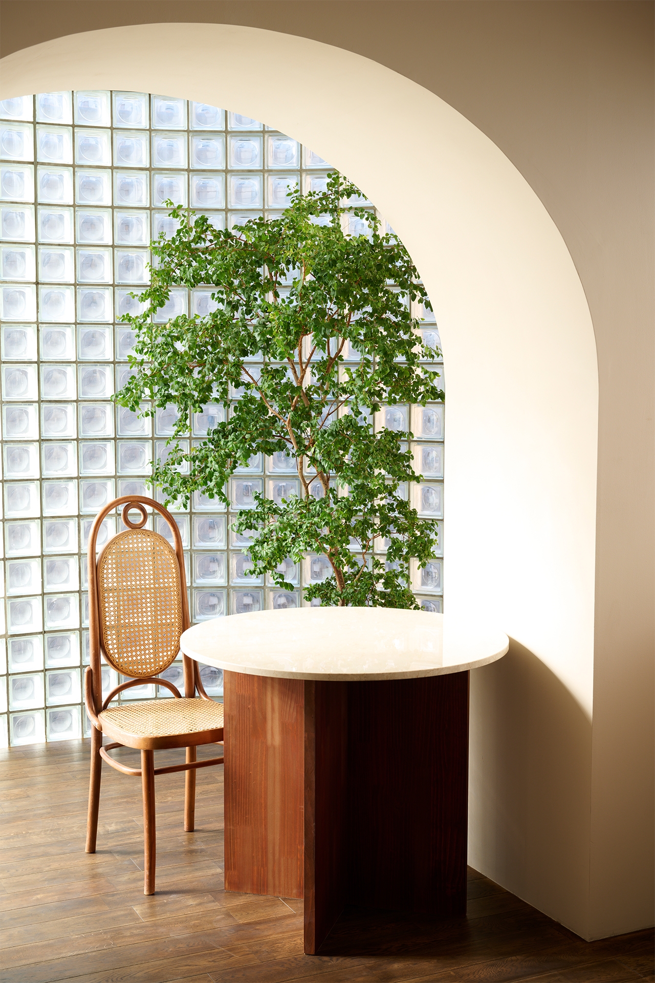 アーチ壁越しのグリーンとブロックガラス