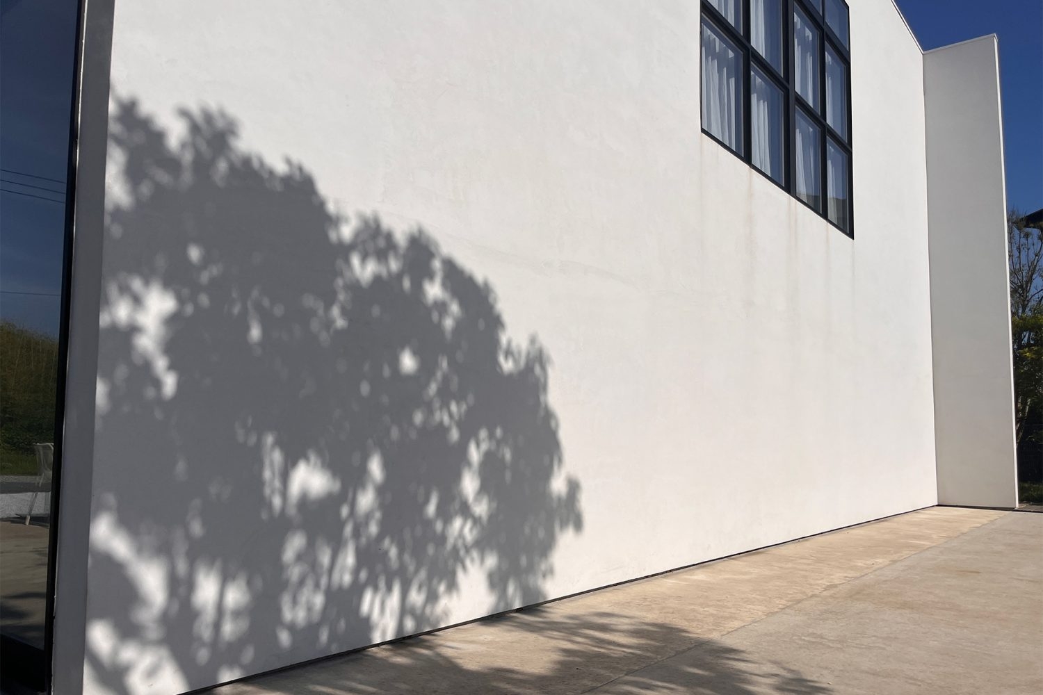 朝は白壁に木漏れ日が落ちる設計