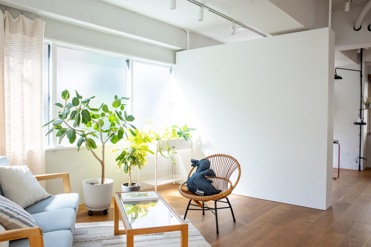 室内を仕切れる可動式の白壁あり