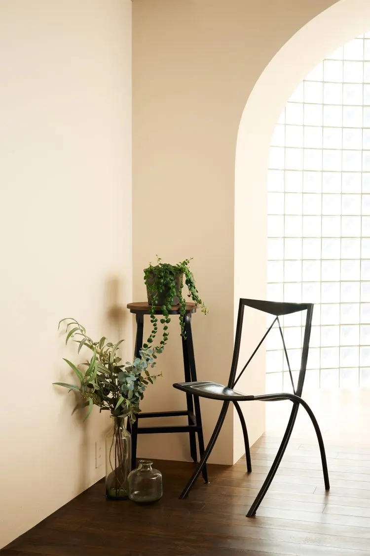 ベージュのカラー壁とウッドフロア