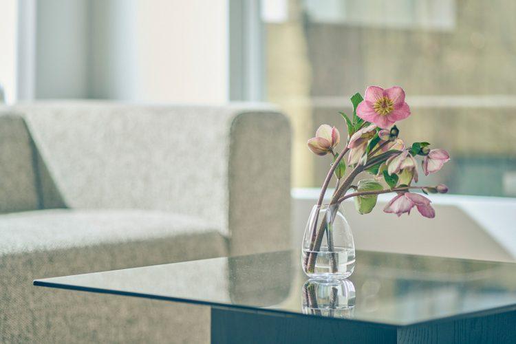 ガラス天板のローテーブル