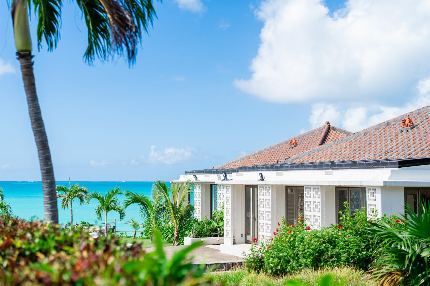 ヤシの木・赤瓦・花ブロック・海のレイヤーで撮影可能