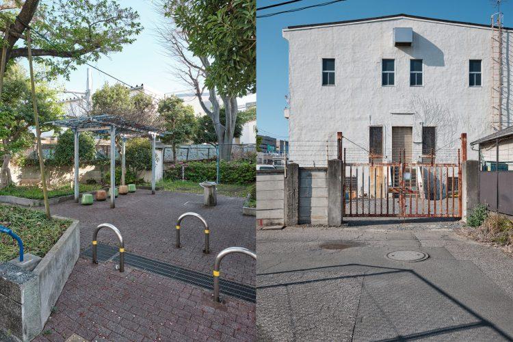 周囲の公園や建物はノスタルジックな雰囲気