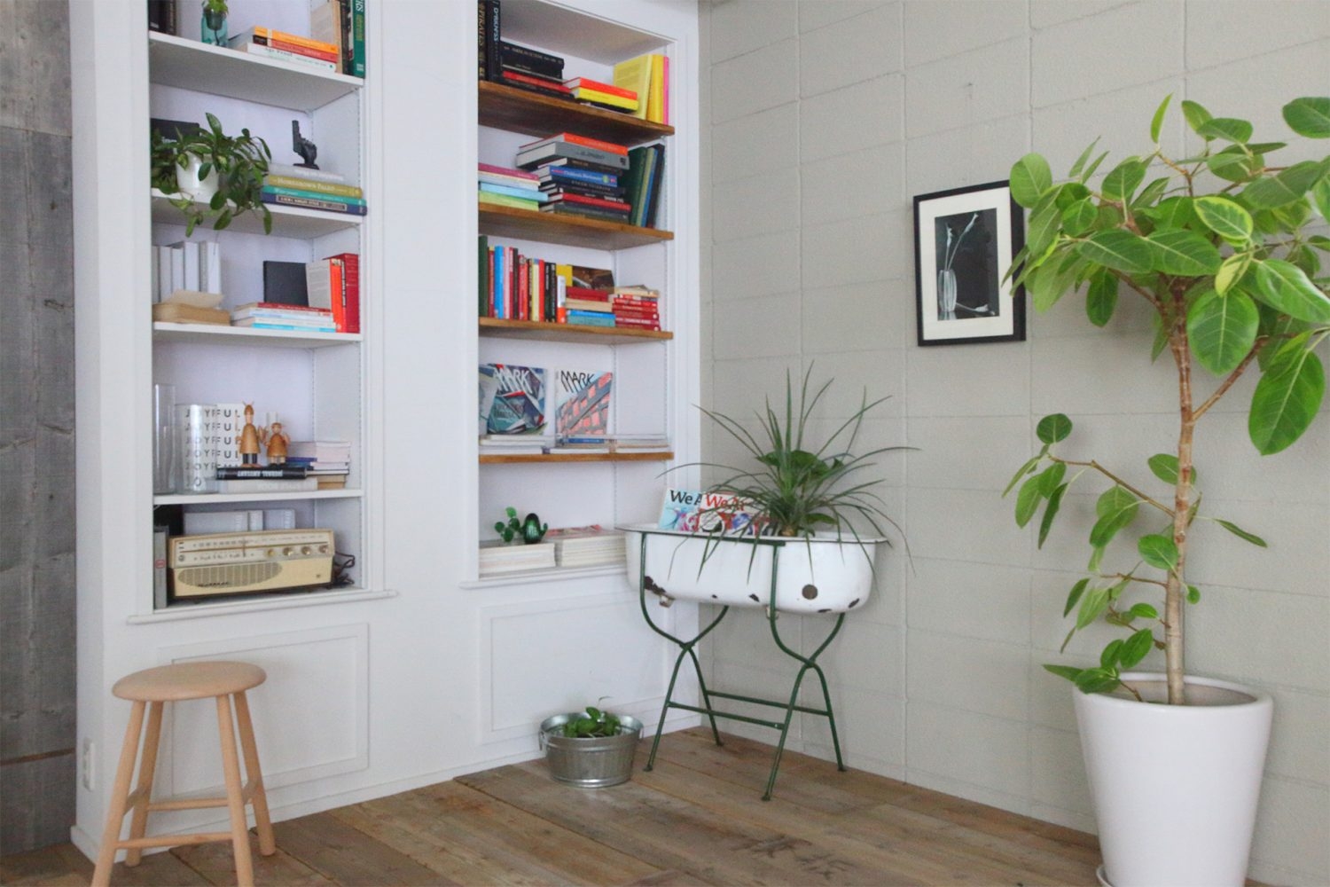 グレーのブロック壁とモールディングの本棚